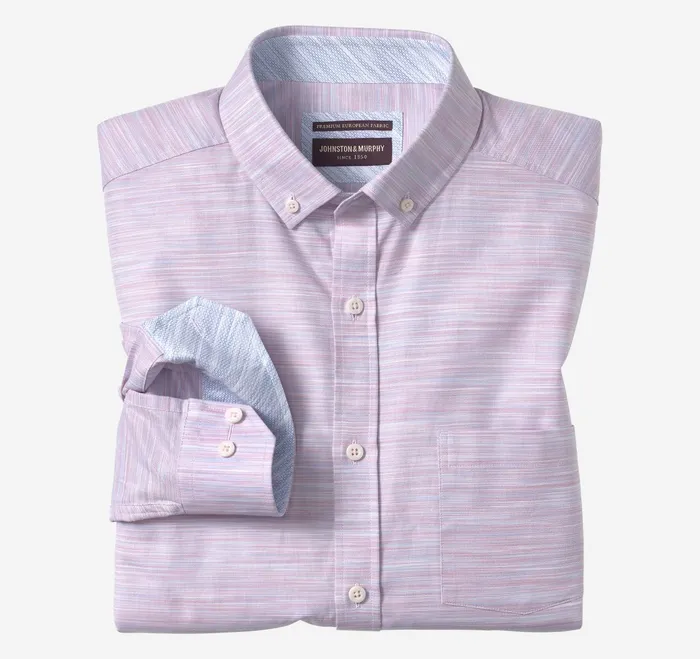 Men ButtonCollar Premium Cotton Shirt Pink Striated Oxford JohnstonandMurphy Shirts
