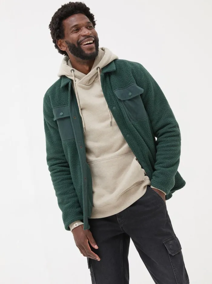 Men Coats and Jackets Fat Face Dark Green Fleece Overshirt