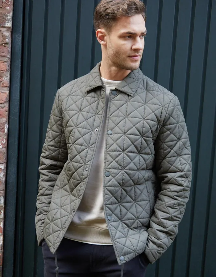 Men Khaki Collared Quilted Jacket Threadbare Jackets