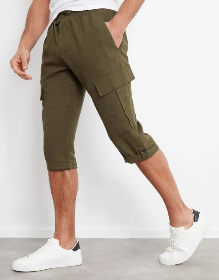 Men Khaki Linen Blend 34 Length Cargo Trousers Threadbare Cargo