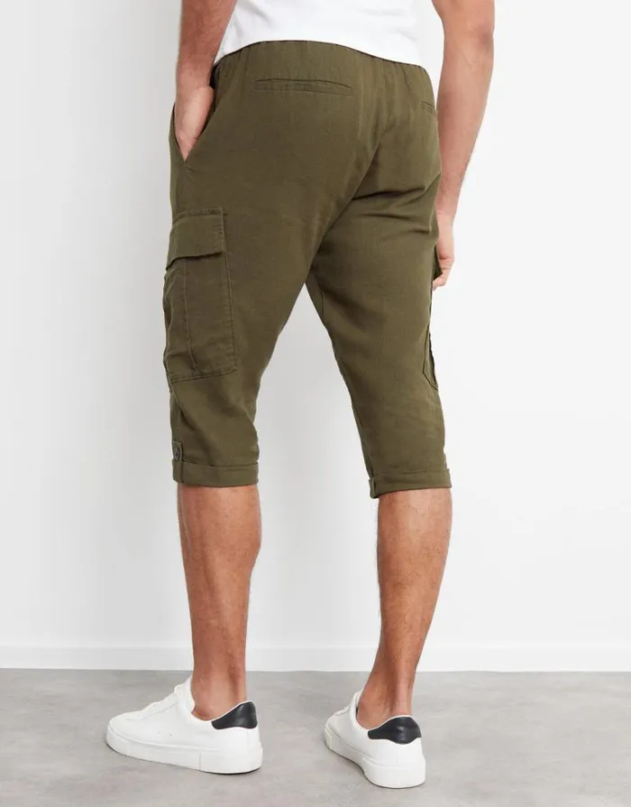 Men Khaki Linen Blend 34 Length Cargo Trousers Threadbare Cargo Men Khaki Linen Blend 34 Length Cargo Trousers Threadbare Cargo