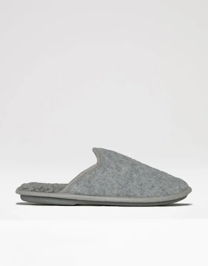 Men Light Grey Felt Mule Slippers With Borg Lining Threadbare Slippers