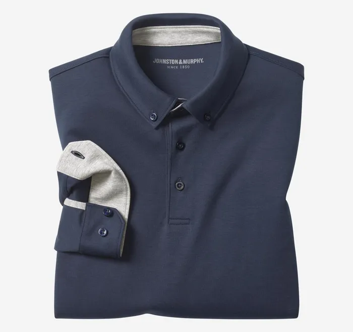 Men Liquid Cotton LongSleeve Polo Navy JohnstonandMurphy Polos and Tees