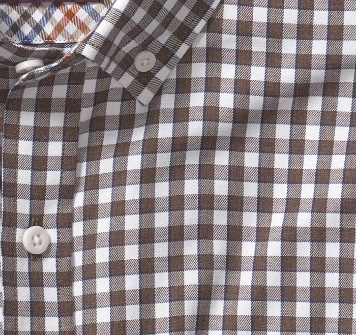 Men LongSleeve Twill Checked Shirt Brown Border Gingham JohnstonandMurphy Shirts