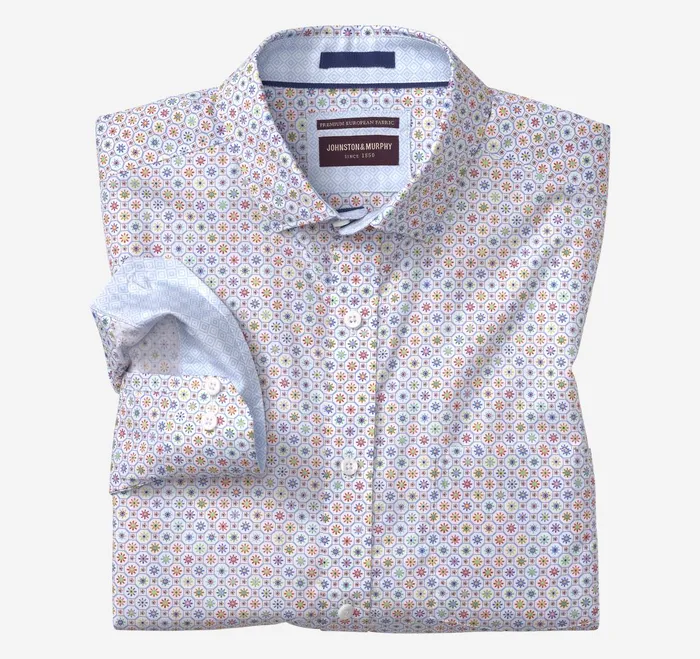 Men Printed Cotton Shirt White Multi Flower Tile JohnstonandMurphy Shirts