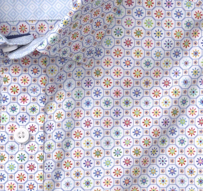 Men Printed Cotton Shirt White Multi Flower Tile JohnstonandMurphy Shirts