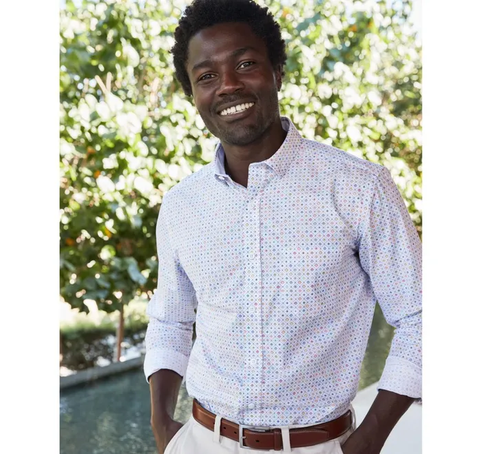Men Printed Cotton Shirt White Multi Flower Tile JohnstonandMurphy Shirts