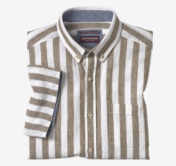 Men Stripe LinenBlend Shirt Brown Stripe JohnstonandMurphy ShortSleeve Shirts Men Stripe LinenBlend Shirt Brown Stripe JohnstonandMurphy ShortSleeve Shirts