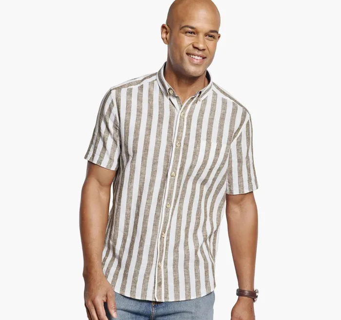 Men Stripe LinenBlend Shirt Brown Stripe JohnstonandMurphy ShortSleeve Shirts Men Stripe LinenBlend Shirt Brown Stripe JohnstonandMurphy ShortSleeve Shirts