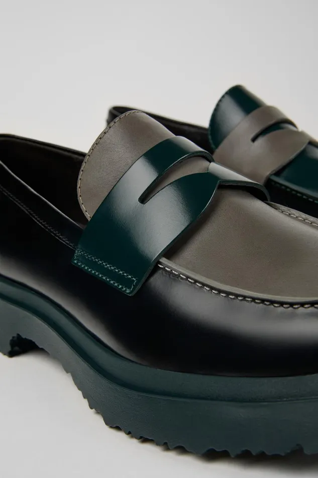 Men Twins Black And Gray Leather Loafers Camper Formal Shoes