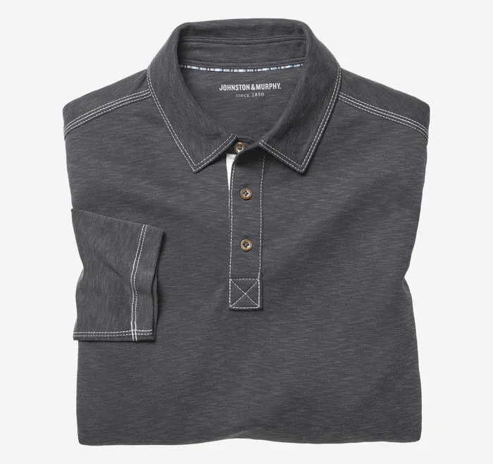 Men Vintage Slub LongSleeve Polo Charcoal JohnstonandMurphy Polos and Tees