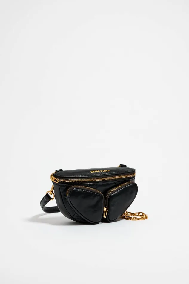 Mini Black Leather Pocket Bumbag Black Women Bimba Y Lola Crossbody Bags