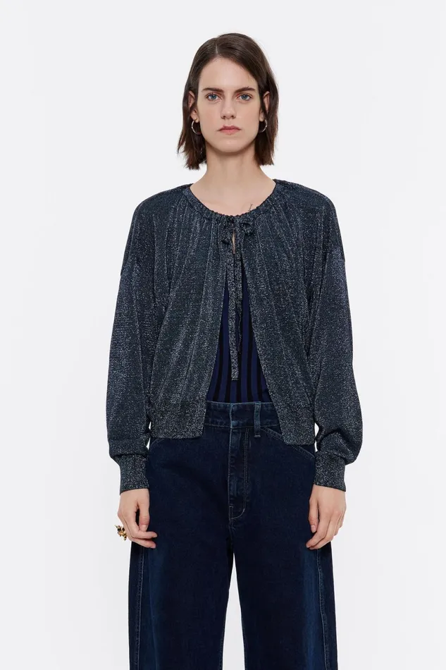Navy Blue Lurex Cardigan With Ties Navy Women Bimba Y Lola Knitwear