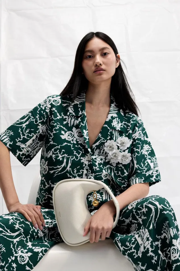 Oroton Garden Toile Embellished Camp Shirt Ivy Women Tops