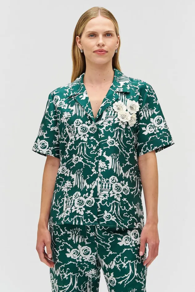 Oroton Garden Toile Embellished Camp Shirt Ivy Women Tops
