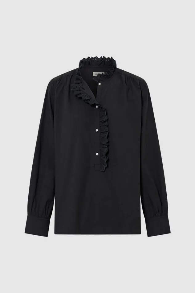 Oroton Hazel Ruffle Blouse Washed Black Women Tops