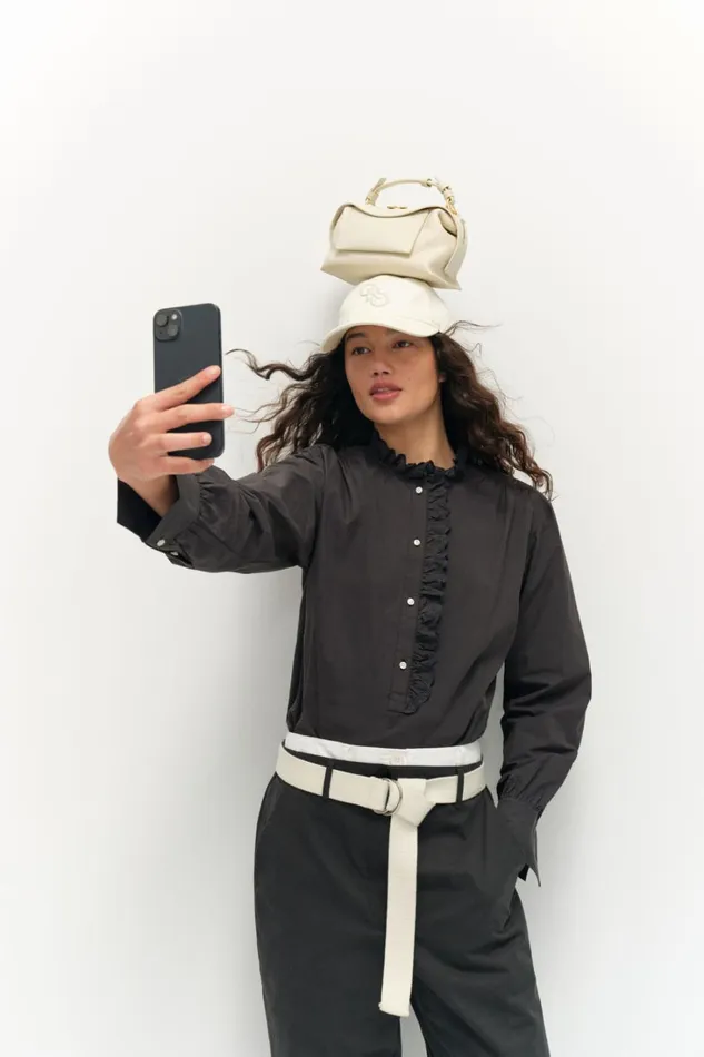Oroton Hazel Ruffle Blouse Washed Black Women Tops
