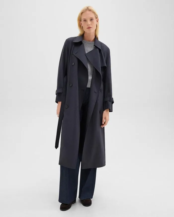 Outerwear Women Theory Relaxed Trench Coat In Stretch Flannel Dark Navy