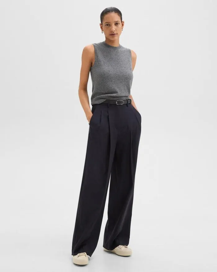 Pants Women Theory Double Pleat Pant In Sleek Flannel Navy