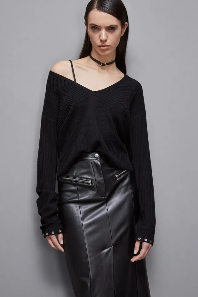 Patrizia Pepe Knitwear Essential Wool Ribbed Sweater Black 8211 Women
