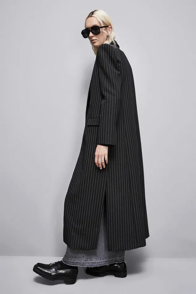 Patrizia Pepe Outerwear Long Pinstripe Flannel Coat Black 8211 Women