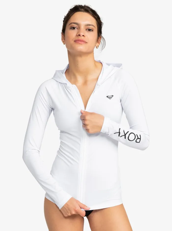Roxy Rashguards New Essentials Hooded Long Sleeve ZipUp Rashguard Bright White 8211 Women Roxy Rashguards New Essentials Hooded Long Sleeve ZipUp Rashguard Bright White 8211 Women