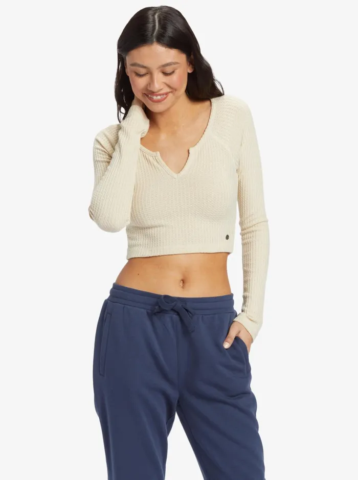 Roxy Tops Cropped Long Sleeve Waffle Top Solid Crew Neck Top Tapioca 8211 Women Roxy Tops Cropped Long Sleeve Waffle Top Solid Crew Neck Top Tapioca 8211 Women