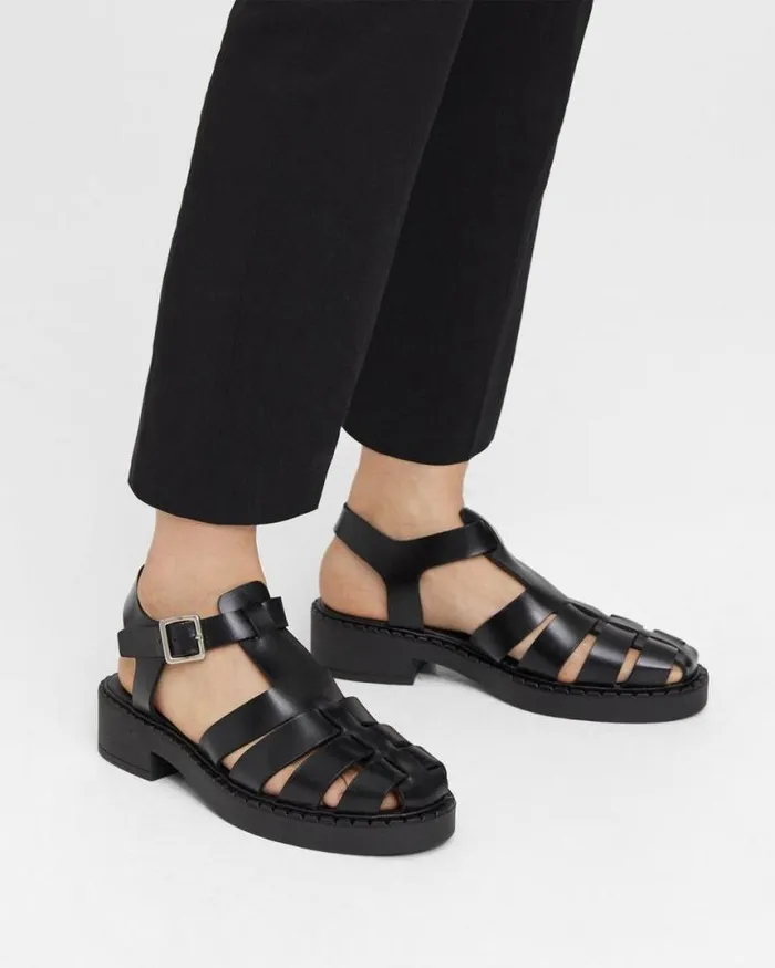 Shoes Women Theory Lug Sole Fisherman Sandal In Leather Black