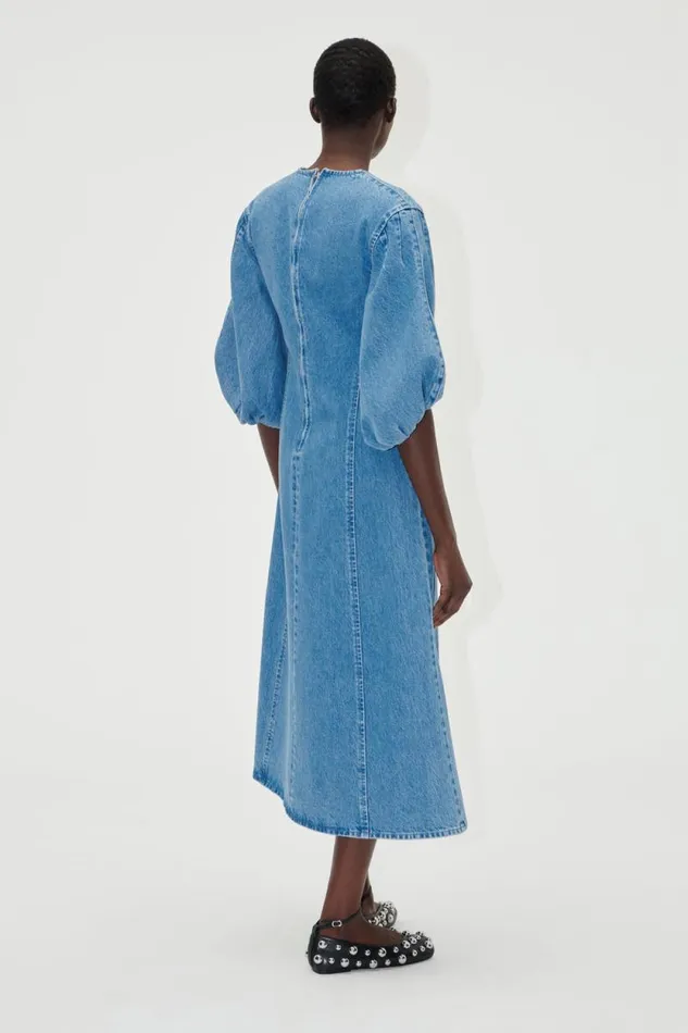 Stine Goya Denim Volume Sleeves Midi Dress 8211 Denim Blue 8211 Women
