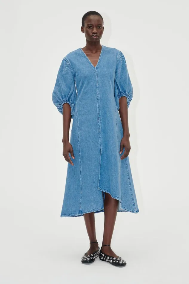 Stine Goya Dresses Volume Sleeves Midi Dress 8211 Denim Blue 8211 Women