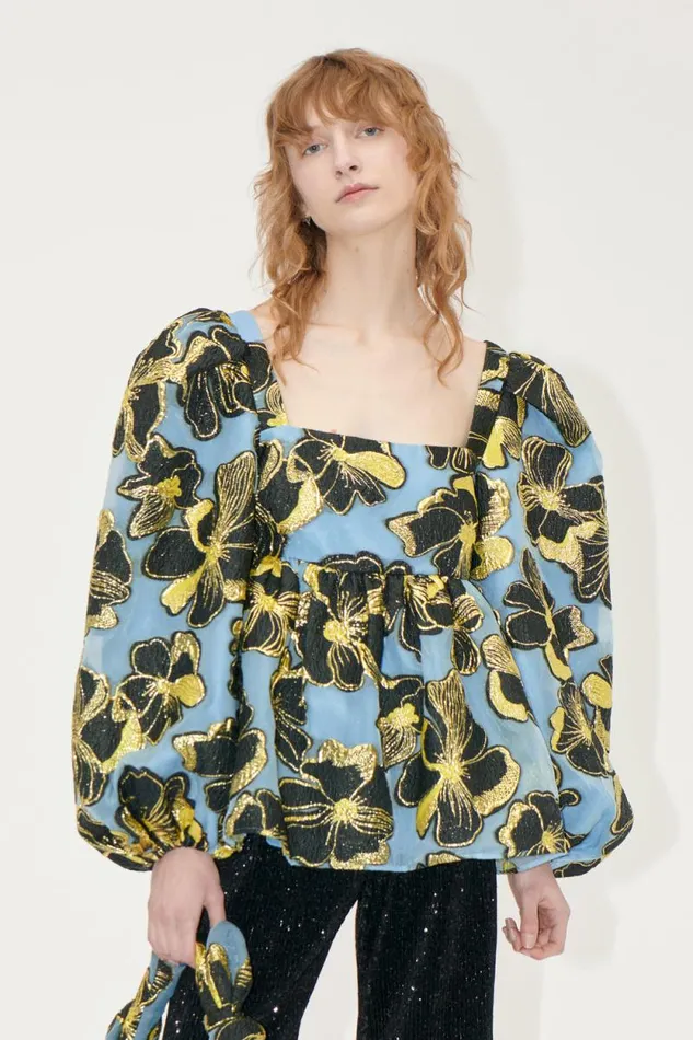 Stine Goya Exclusives Square Neck Long Sleeve Top 8211 Blue Anemone Jacquard 8211 Women