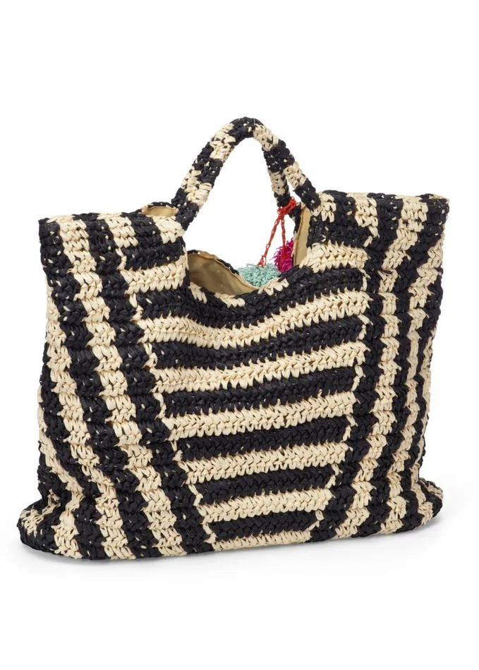 STRIPED STRAW TOTE Black and Natural Women VENUS Handbags