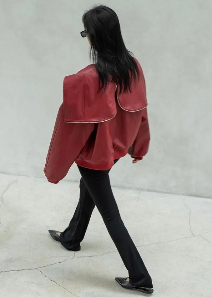 The Frankie Shop Outerwear Burnaby Faux Leather ZipUp Hoodie 8211 Red 8211 Women