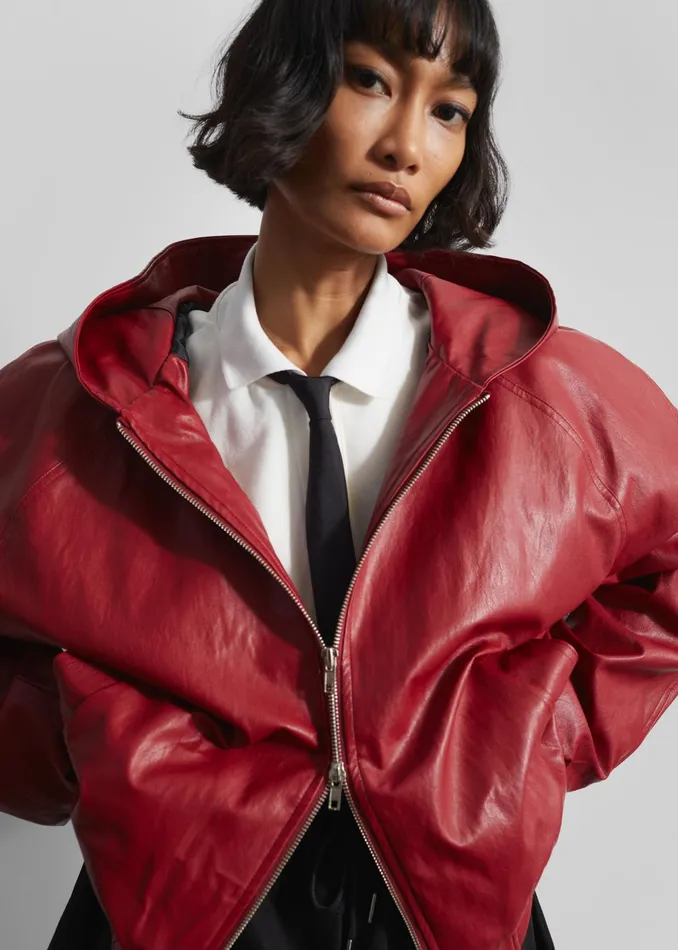 The Frankie Shop Outerwear Burnaby Faux Leather ZipUp Hoodie 8211 Red 8211 Women