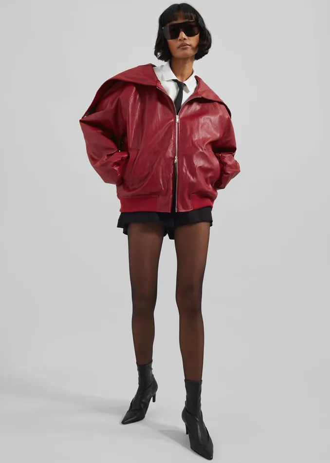 The Frankie Shop Outerwear Burnaby Faux Leather ZipUp Hoodie 8211 Red 8211 Women