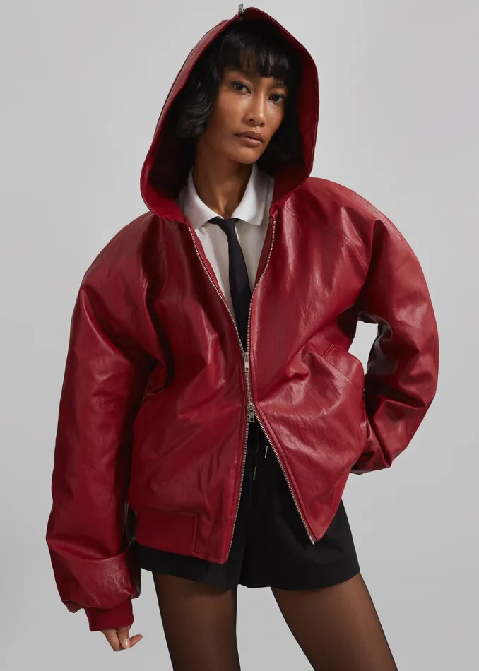 The Frankie Shop Outerwear Burnaby Faux Leather ZipUp Hoodie 8211 Red 8211 Women