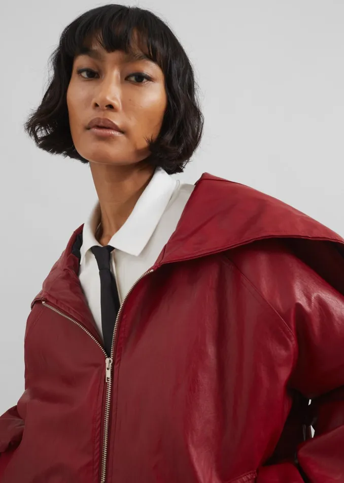 The Frankie Shop Outerwear Burnaby Faux Leather ZipUp Hoodie 8211 Red 8211 Women
