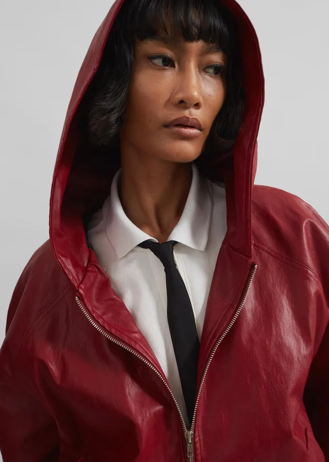 The Frankie Shop Outerwear Burnaby Faux Leather ZipUp Hoodie 8211 Red 8211 Women