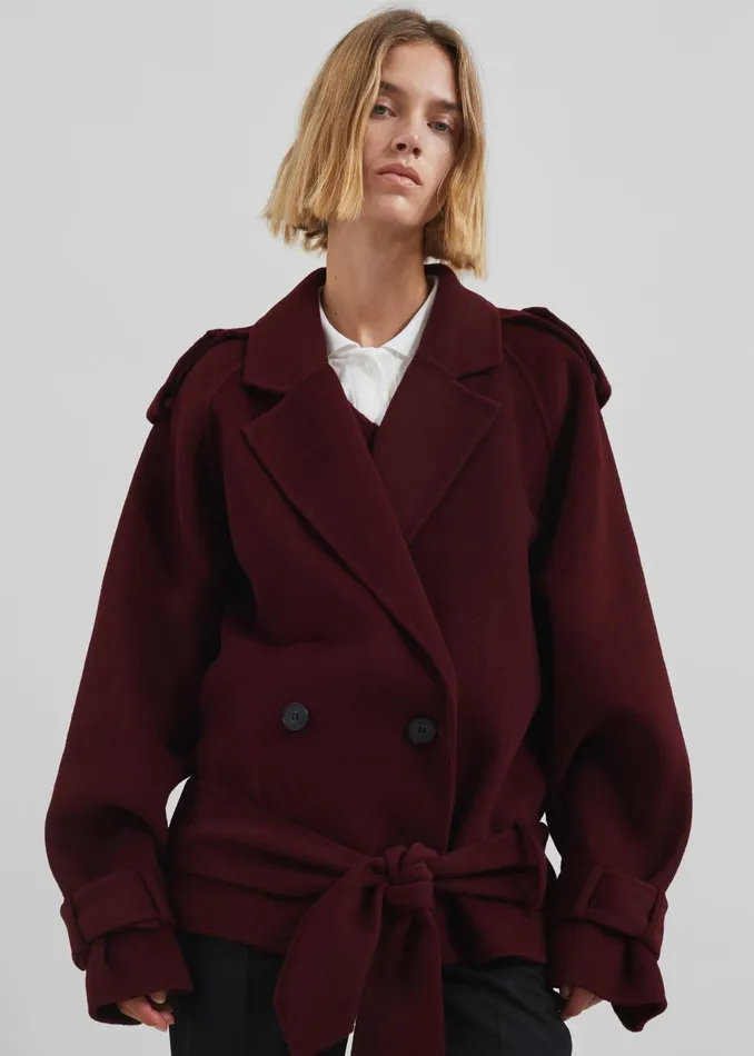 The Frankie Shop Outerwear Elys Short Wool Trench 8211 Burgundy 8211 Women