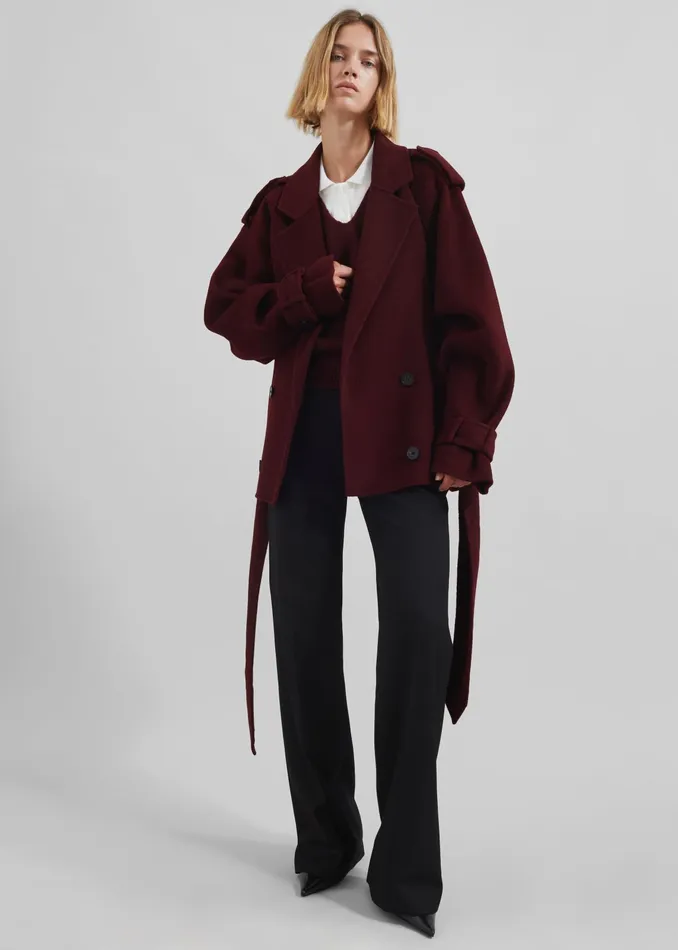 The Frankie Shop Outerwear Elys Short Wool Trench 8211 Burgundy 8211 Women