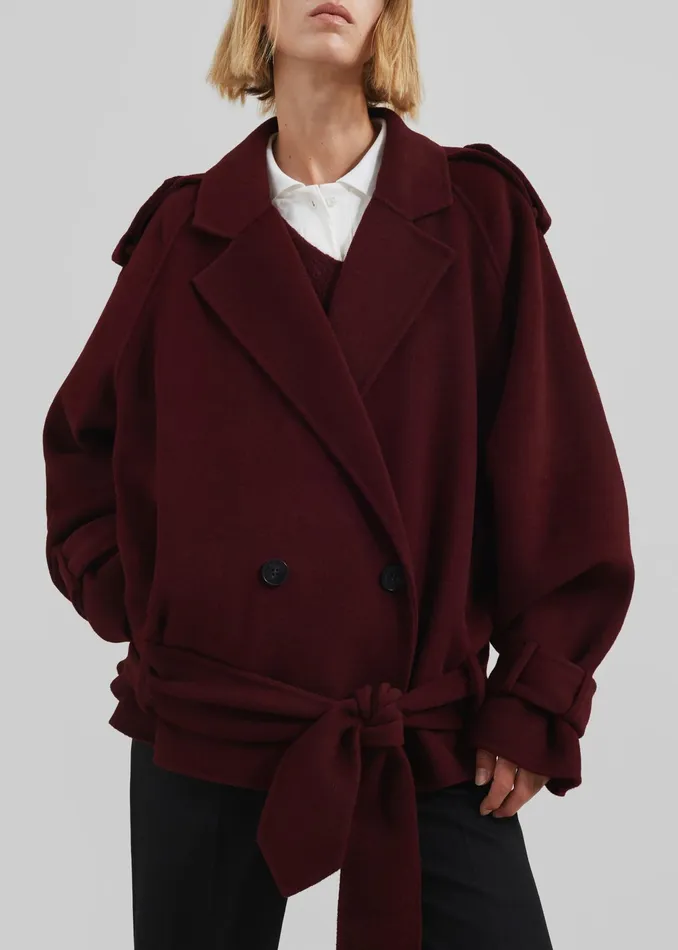 The Frankie Shop Outerwear Elys Short Wool Trench 8211 Burgundy 8211 Women