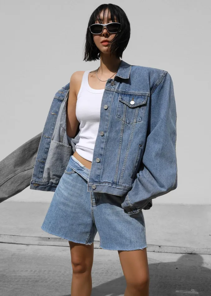 The Frankie Shop Outerwear Timothee Padded Denim Jacket 8211 Light Wash 8211 Women