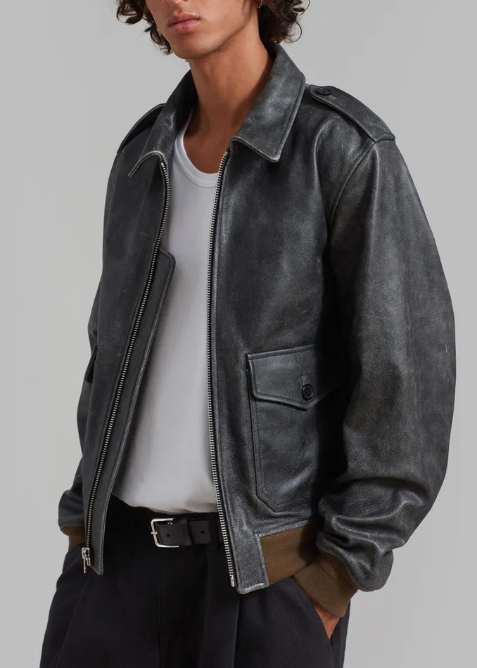 The Frankie Shop Outerwear Wyatt Leather Bomber Jacket 8211 Charcoal 8211 Men