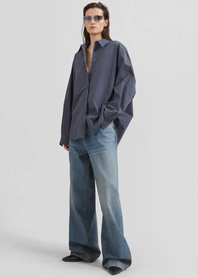 The Frankie Shop Tops Kae Back Slit Button Up Shirt 8211 Charcoal 8211 Women
