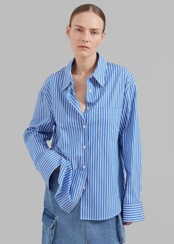 The Frankie Shop Tops Lui Thin Stripe Shirt 8211 Medium Blue Stripe 8211 Women The Frankie Shop Tops Lui Thin Stripe Shirt 8211 Medium Blue Stripe 8211 Women