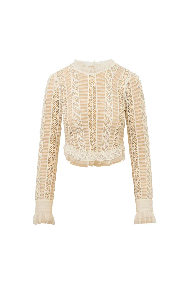 Tops Women LoveShackFancy Etheline Crochet Lace Long Sleeve Top Cream