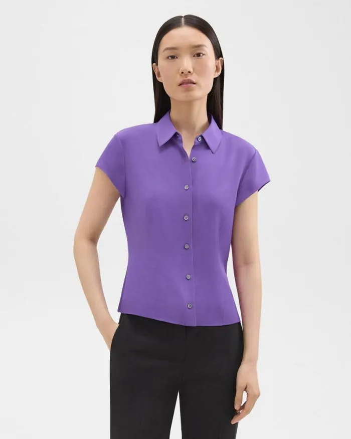 Tops Women Theory Cap Sleeve Shirt In Silk Georgette Bright Peony