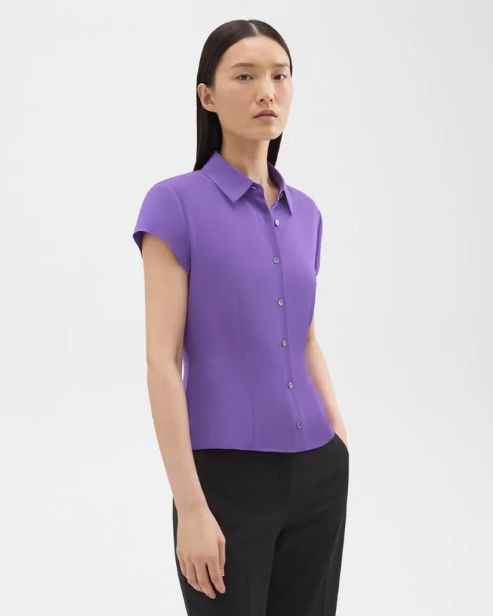 Tops Women Theory Cap Sleeve Shirt In Silk Georgette Bright Peony