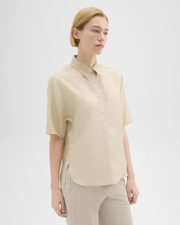 Tops Women Theory ShortSleeve Silk Popover Shirt Champagne