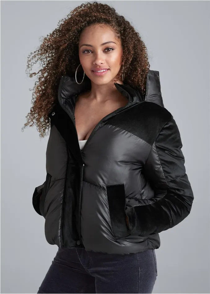 VELVET DETAIL PUFFER JACKET Black Women VENUS Coats